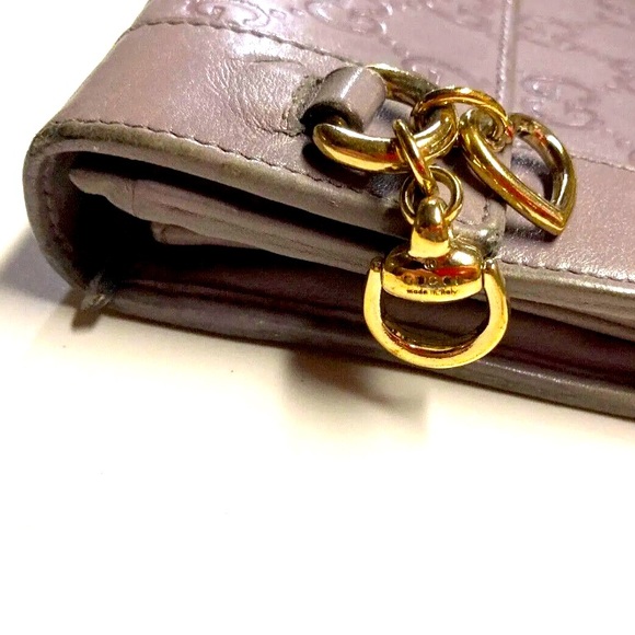 GUCCI VINTAGE HORSE BIT HEART CHARM GUCCISSIMA LEATHER LONG WALLET GRAY/LAVENDER - Picture 9 of 14